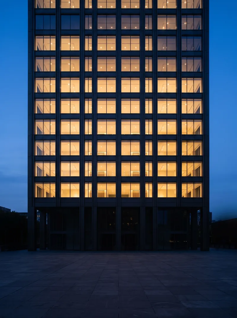 modernes Bürohochhaus mit beleuchteten Geschossen zur blauen Stunde