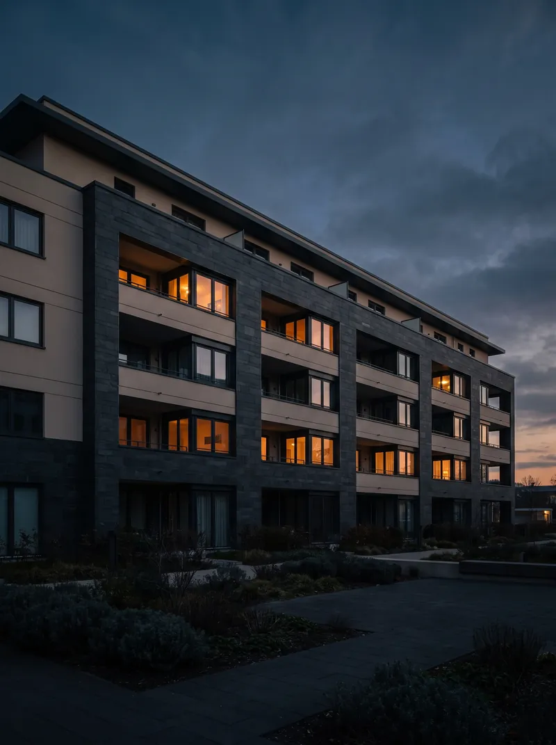 modernes Wohngebäude mit beleuchteten Fenstern zur blauen Stunde